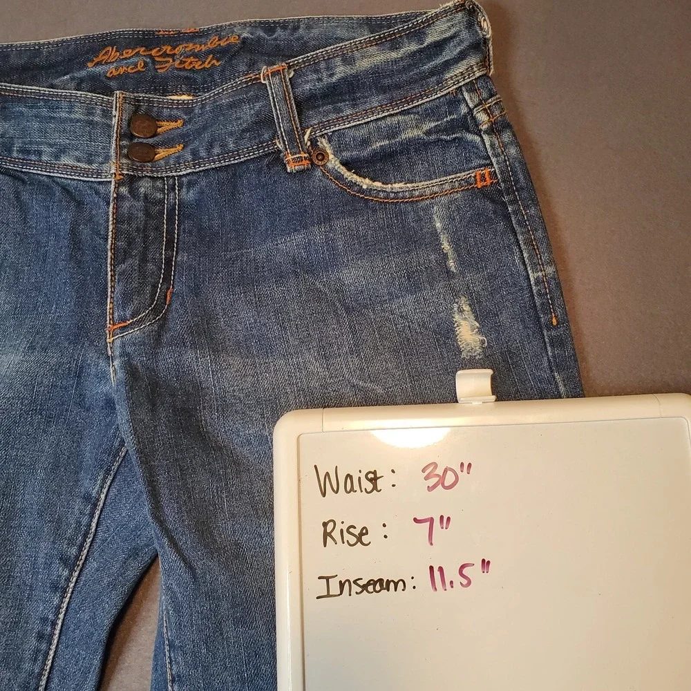 Abercrombie & Fitch Bermuda Jean Shorts Cut Off Sz 4‎ Blue Denim Frayed Hem